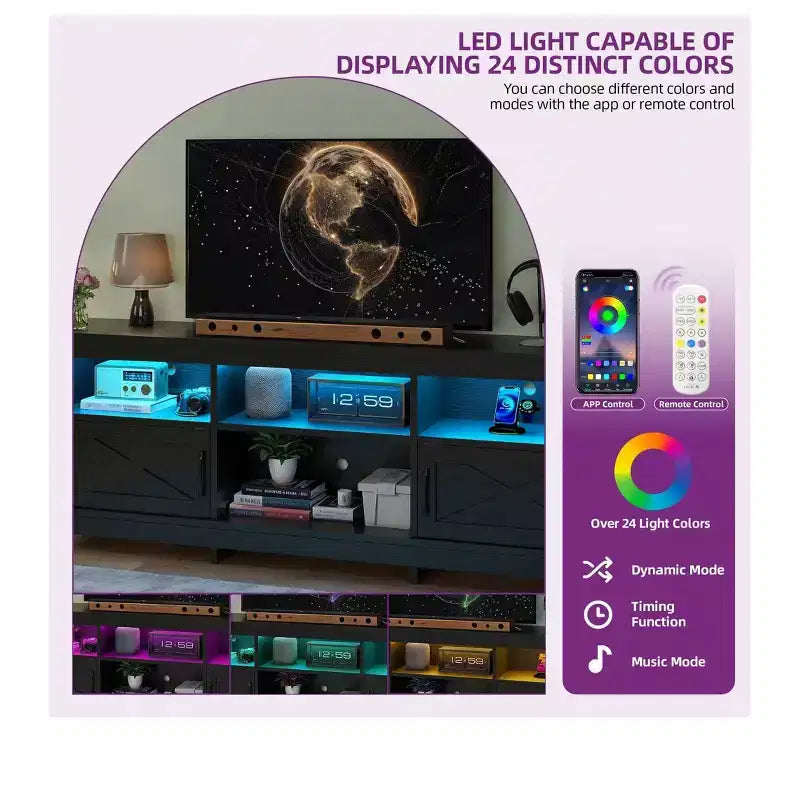 Mobile TV da fattoria per TV da 75 pollici con luci a LED e armadietti per l'organizzazione