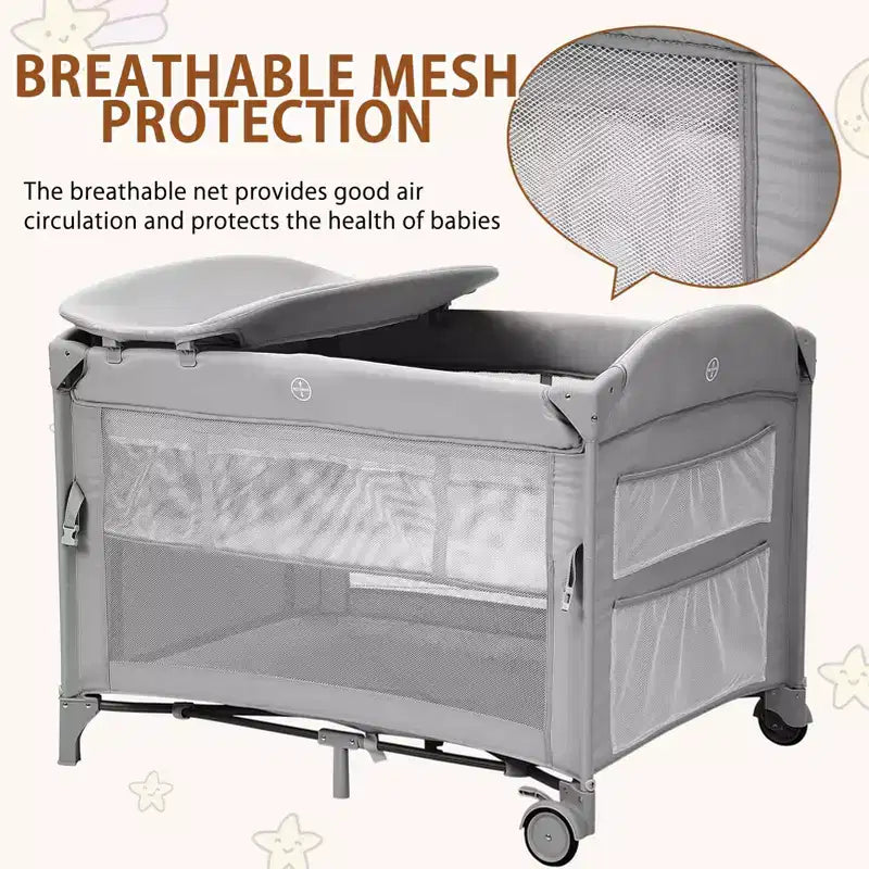 Acekool Culla 5 in 1 con Lettino Co-Sleeping, Fasciatoio e Giocattoli, Box Culla Portatile per Neonati e Bambini, Grigio