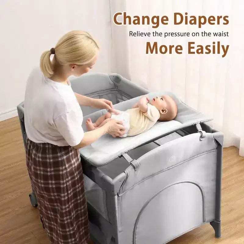 Acekool Culla 5 in 1 con Lettino Co-Sleeping, Fasciatoio e Giocattoli, Box Culla Portatile per Neonati e Bambini, Grigio