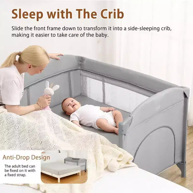 Acekool Culla 5 in 1 con Lettino Co-Sleeping, Fasciatoio e Giocattoli, Box Culla Portatile per Neonati e Bambini, Grigio