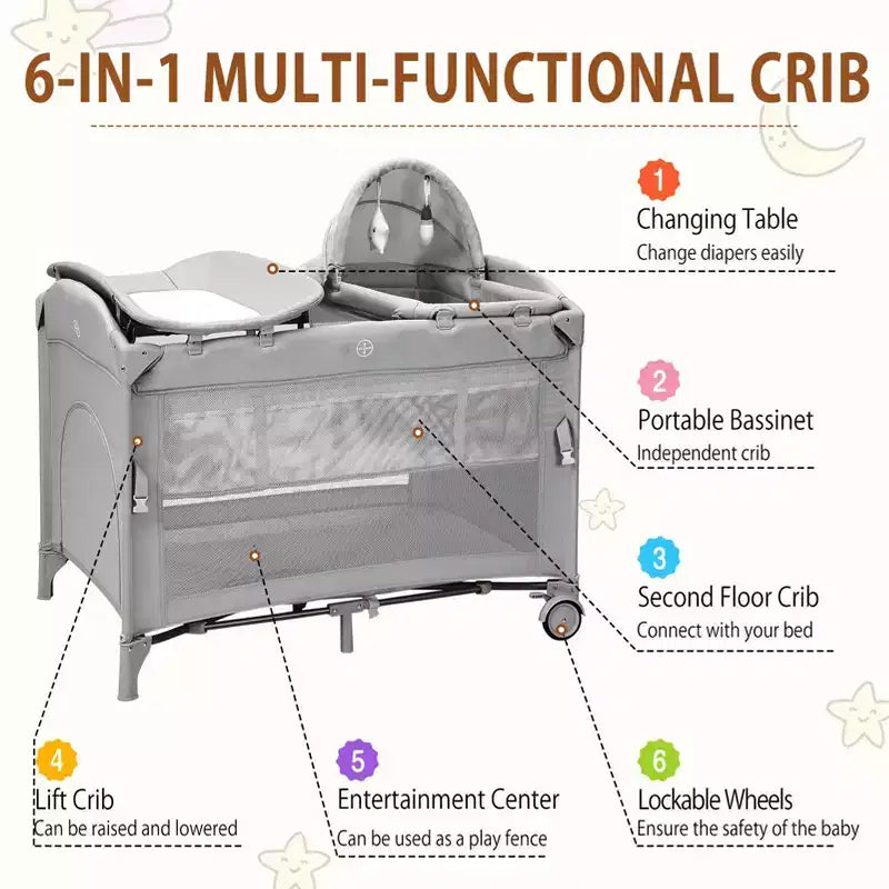 Acekool Culla 5 in 1 con Lettino Co-Sleeping, Fasciatoio e Giocattoli, Box Culla Portatile per Neonati e Bambini, Grigio