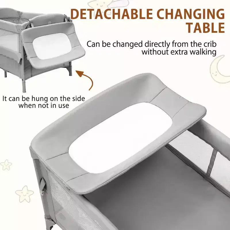 Acekool Culla 5 in 1 con Lettino Co-Sleeping, Fasciatoio e Giocattoli, Box Culla Portatile per Neonati e Bambini, Grigio
