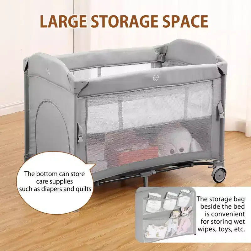 Acekool Culla 5 in 1 con Lettino Co-Sleeping, Fasciatoio e Giocattoli, Box Culla Portatile per Neonati e Bambini, Grigio