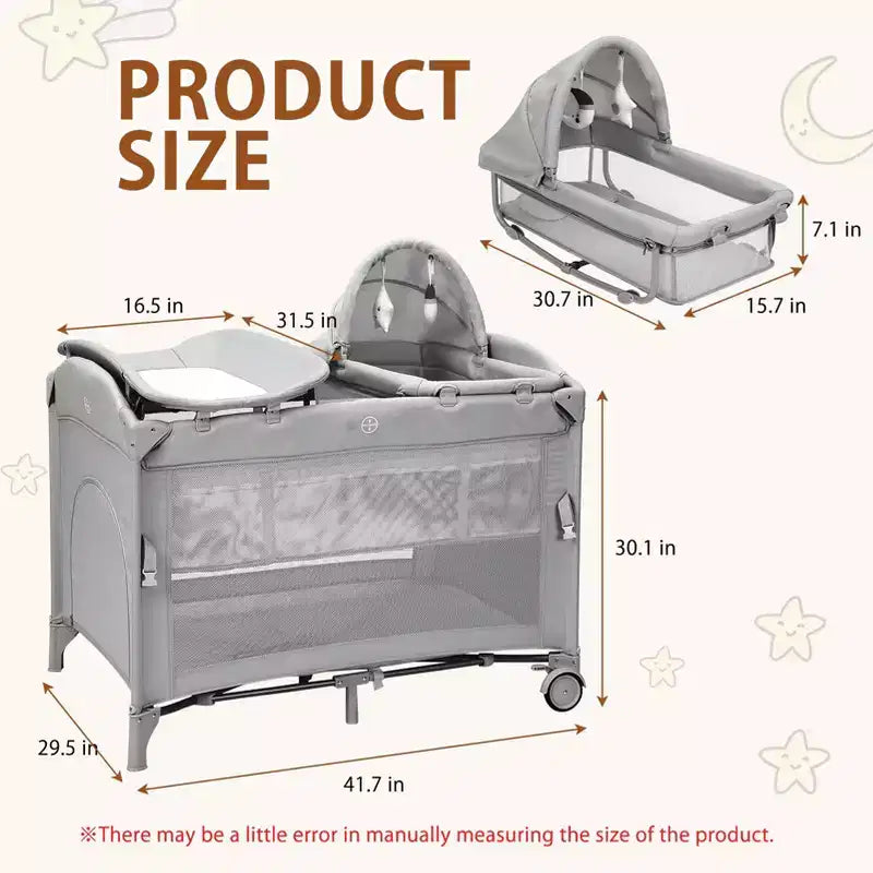 Acekool Culla 5 in 1 con Lettino Co-Sleeping, Fasciatoio e Giocattoli, Box Culla Portatile per Neonati e Bambini, Grigio