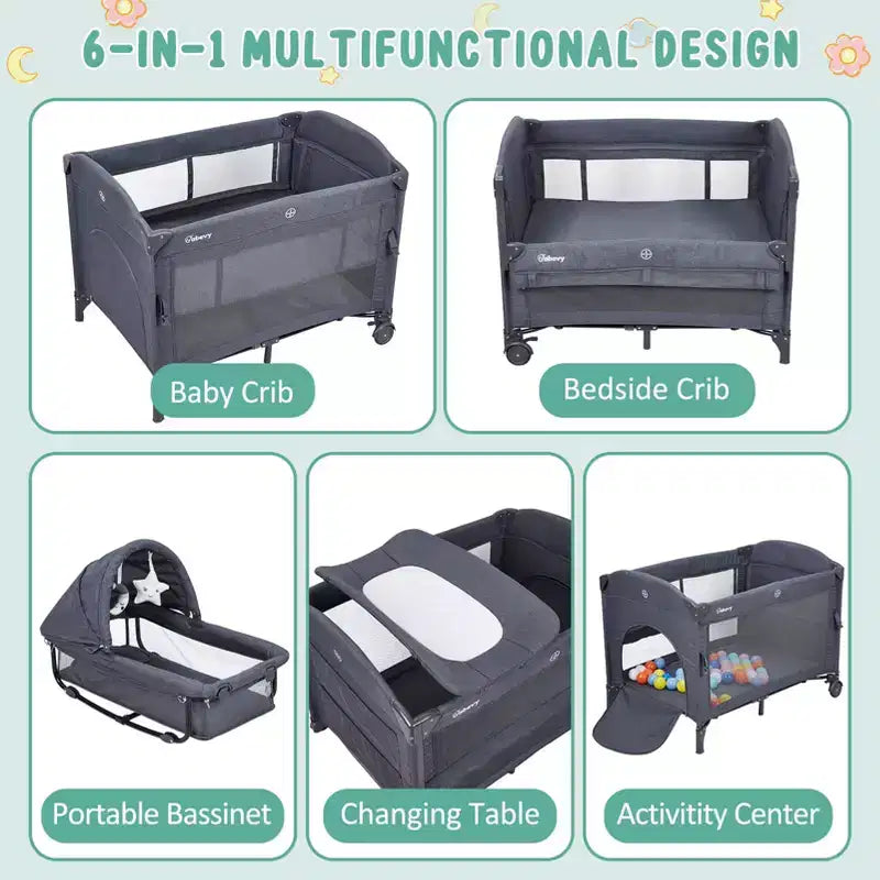 Acekool Culla 5 in 1 con Lettino Co-Sleeping, Fasciatoio e Giocattoli, Box Culla Portatile per Neonati e Bambini, Grigio