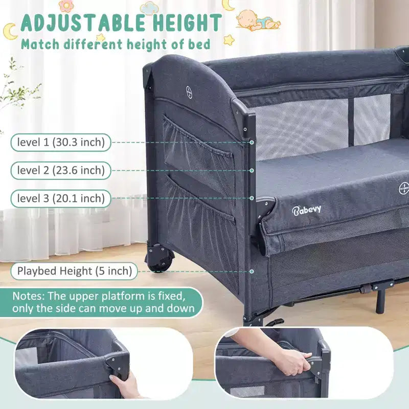 Acekool Culla 5 in 1 con Lettino Co-Sleeping, Fasciatoio e Giocattoli, Box Culla Portatile per Neonati e Bambini, Grigio