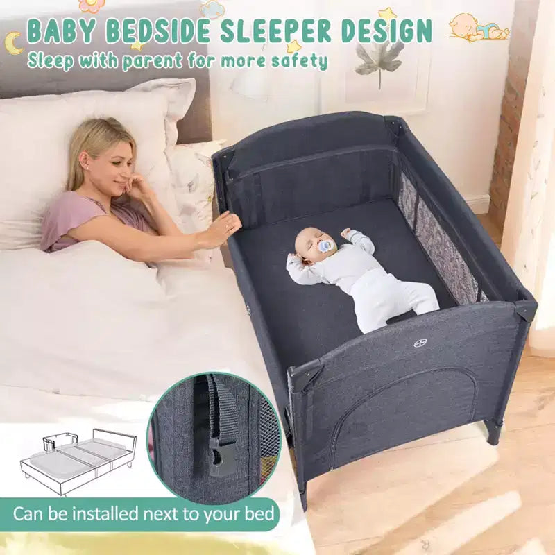 Acekool Culla 5 in 1 con Lettino Co-Sleeping, Fasciatoio e Giocattoli, Box Culla Portatile per Neonati e Bambini, Grigio