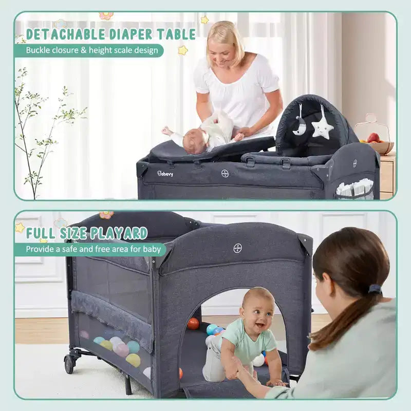 Acekool Culla 5 in 1 con Lettino Co-Sleeping, Fasciatoio e Giocattoli, Box Culla Portatile per Neonati e Bambini, Grigio