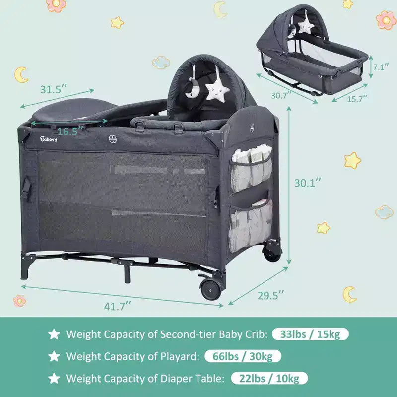 Acekool Culla 5 in 1 con Lettino Co-Sleeping, Fasciatoio e Giocattoli, Box Culla Portatile per Neonati e Bambini, Grigio