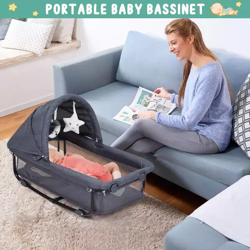 Acekool Culla 5 in 1 con Lettino Co-Sleeping, Fasciatoio e Giocattoli, Box Culla Portatile per Neonati e Bambini, Grigio
