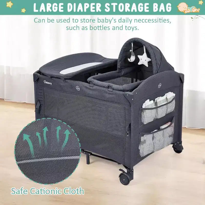 Acekool Culla 5 in 1 con Lettino Co-Sleeping, Fasciatoio e Giocattoli, Box Culla Portatile per Neonati e Bambini, Grigio
