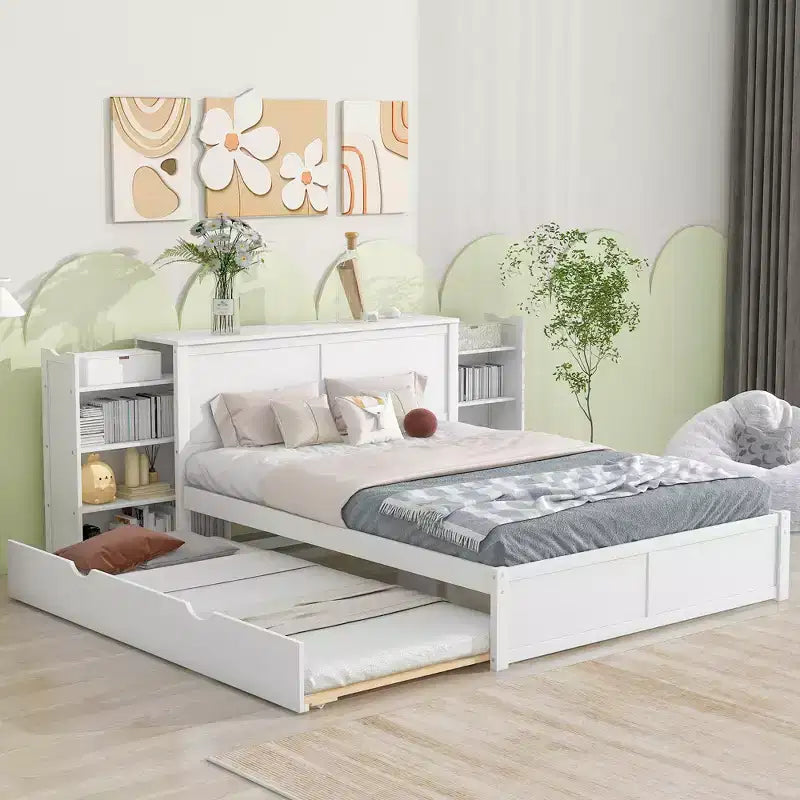Storage Platform Bed with Pull Out Shelves and Twin Size Trundle Bed-ModernLuxe