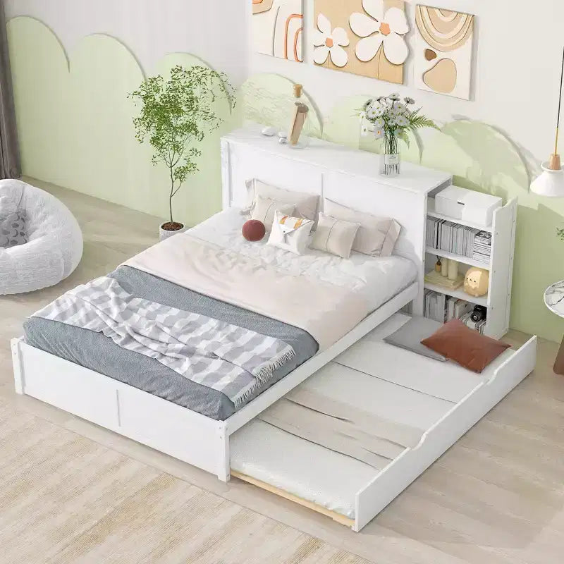 Letto con Piattaforma Contenitore con Ripiani Estraibili e Letto Estraibile Singolo