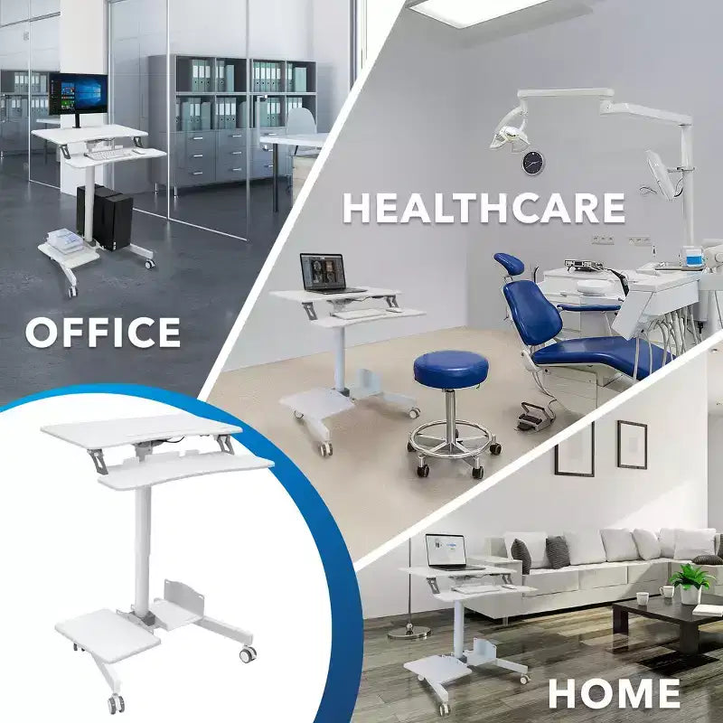 Scrivania mobile Sit-Stand con vassoio per tastiera e ripiani portaoggetti