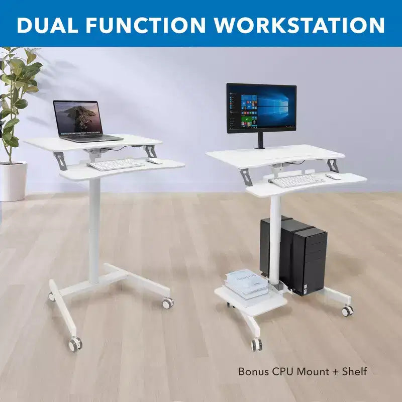Scrivania mobile Sit-Stand con vassoio per tastiera e ripiani portaoggetti