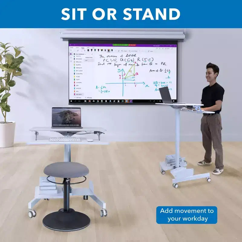 Scrivania mobile Sit-Stand con vassoio per tastiera e ripiani portaoggetti