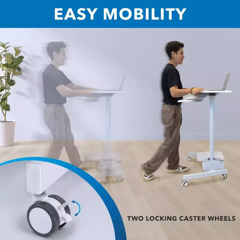 Scrivania mobile Sit-Stand con vassoio per tastiera e ripiani portaoggetti