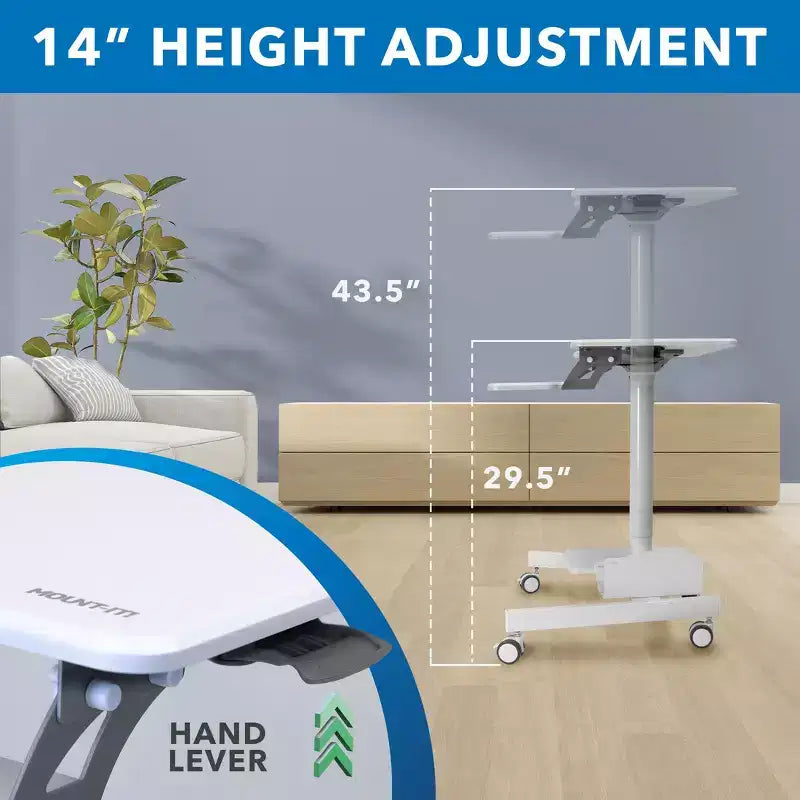 Scrivania mobile Sit-Stand con vassoio per tastiera e ripiani portaoggetti
