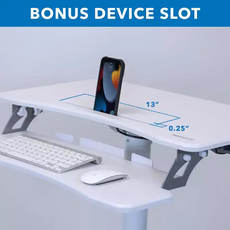 Scrivania mobile Sit-Stand con vassoio per tastiera e ripiani portaoggetti