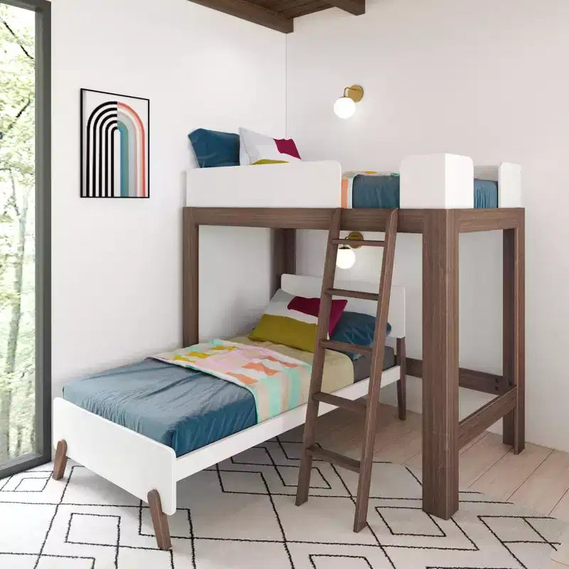 Max & Lily Mid-Century Modern Twin over Twin L-Shaped Bunk Bed, Solid Wood