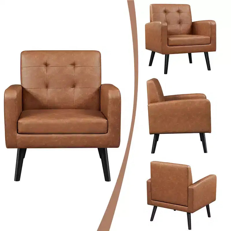 Poltrona moderna in similpelle trapuntata con gambe in legno massello