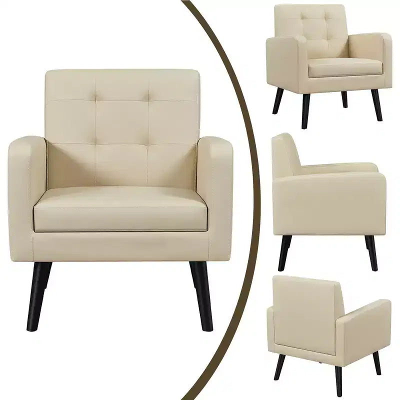 Poltrona moderna in similpelle trapuntata con gambe in legno massello
